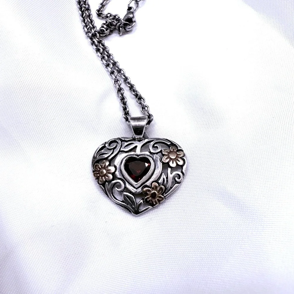 Retired James Avery‎ Garnet Heart Necklace Silver Gold Jewel Classic Preppy